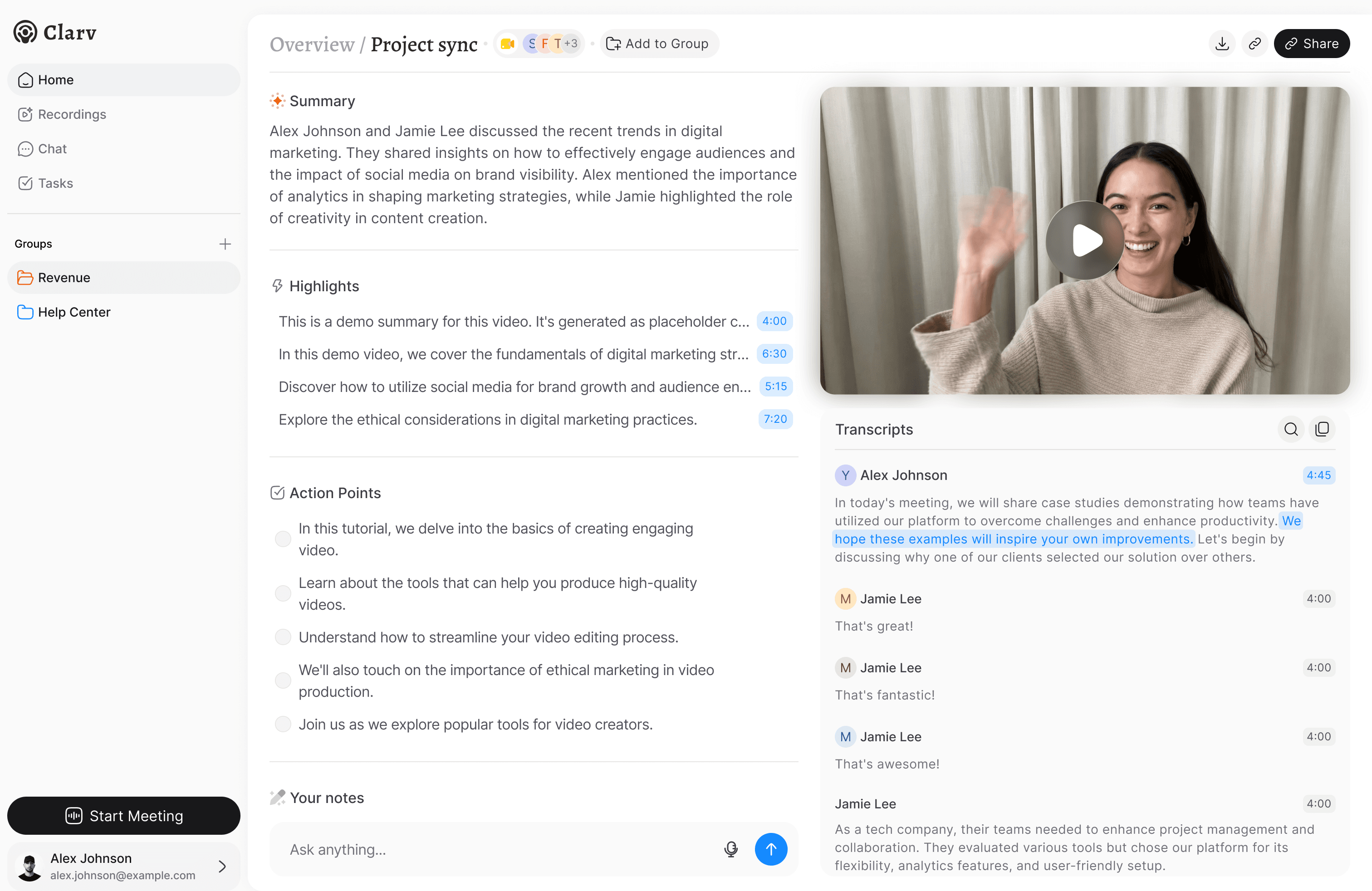 Clarv meeting workspace showing a recording, summary, highlights, action points, and transcript